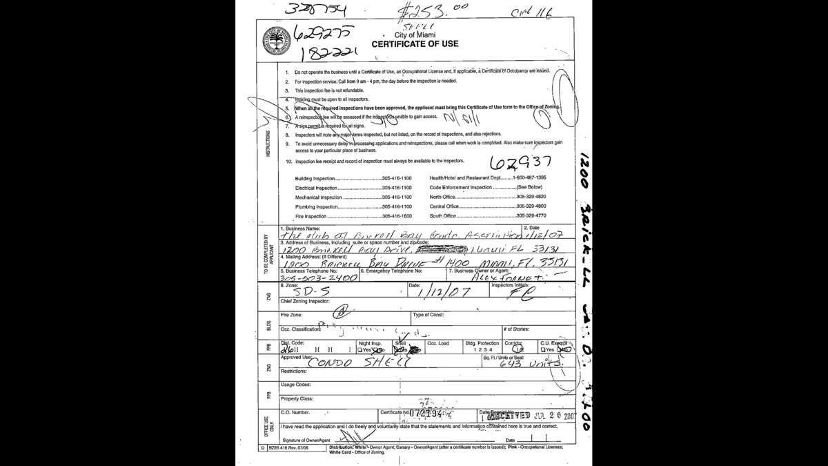 In 2007, the city of Miami granted a Certificate of Use for a “Condo Shell’ at The Club at Brickell Bay. The certificate contains no references to any form of lodging or vacation rental.